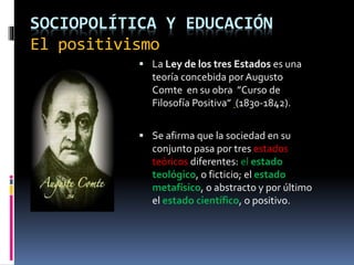 SOCIOPOLÍTICA Y EDUCACIÓN
El positivismo
 La Ley de los tres Estados es una
teoría concebida por Augusto
Comte en su obra...