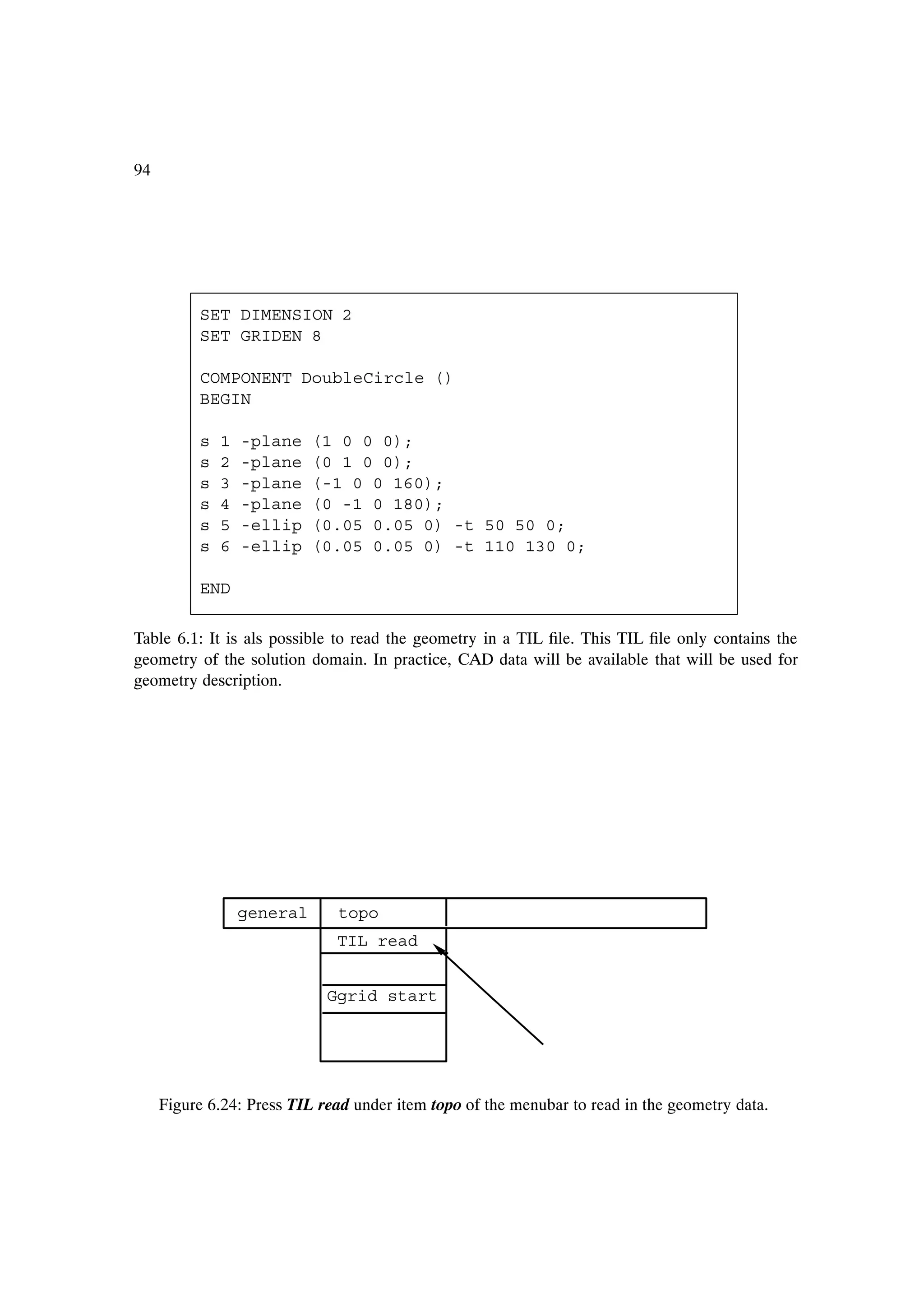 94




          SET DIMENSION 2
          SET GRIDEN 8

          COMPONENT DoubleCircle ()
          BEGIN

          s   1   -plane    (1 0 0 0);
          s   2   -plane    (0 1 0 0);
          s   3   -plane    (-1 0 0 160);
          s   4   -plane    (0 -1 0 180);
          s   5   -ellip    (0.05 0.05 0) -t 50 50 0;
          s   6   -ellip    (0.05 0.05 0) -t 110 130 0;

          END

Table 6.1: It is als possible to read the geometry in a TIL Þle. This TIL Þle only contains the
geometry of the solution domain. In practice, CAD data will be available that will be used for
geometry description.




                  general     topo
                              TIL read


                             Ggrid start




     Figure 6.24: Press TIL read under item topo of the menubar to read in the geometry data.
 