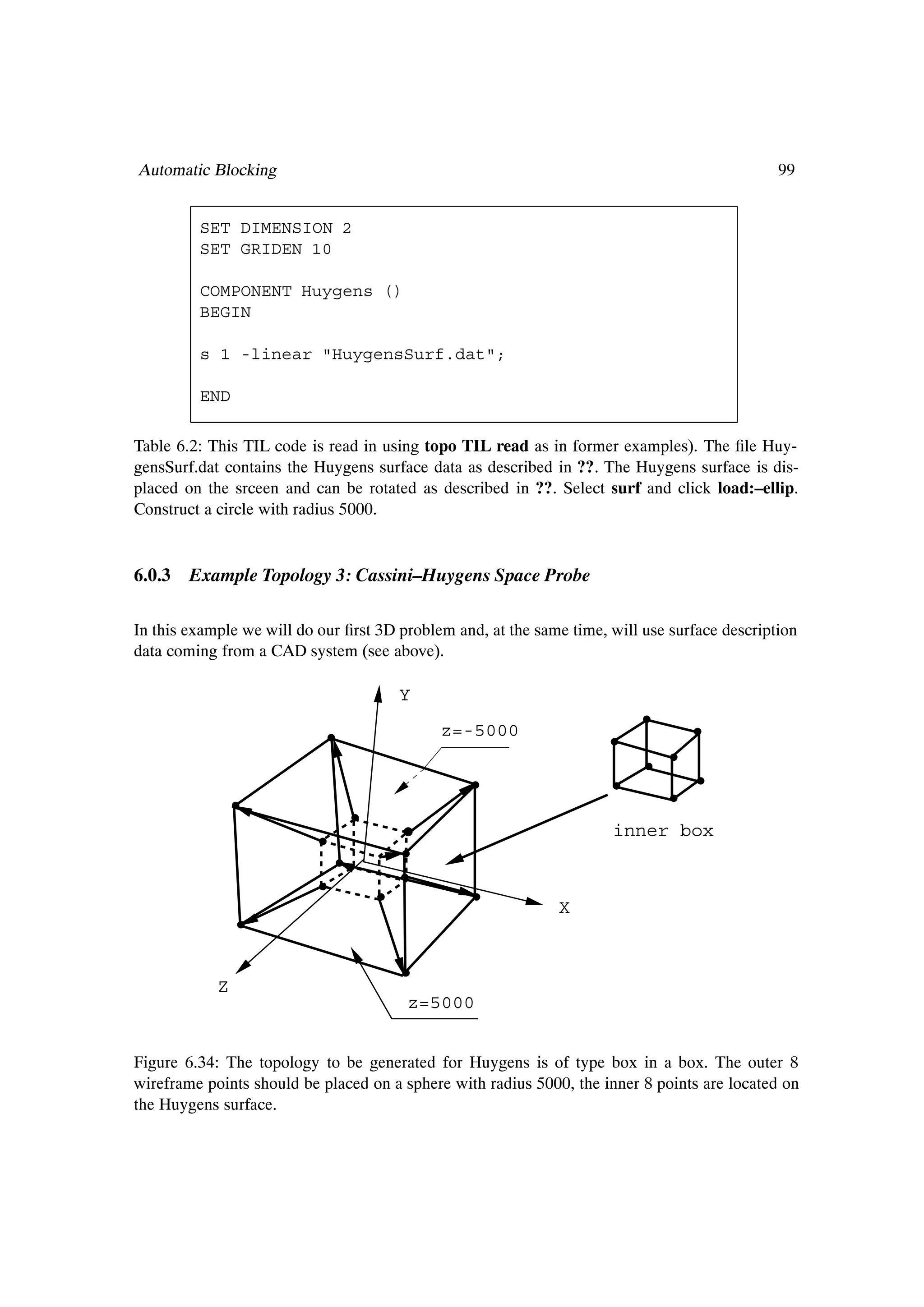 Automatic Blocking                                                                             99


         SET DIMENSION 2
         SET GRIDEN 10

         COMPONENT Huygens ()
         BEGIN

         s 1 -linear "HuygensSurf.dat";

         END

Table 6.2: This TIL code is read in using topo TIL read as in former examples). The Þle Huy-
gensSurf.dat contains the Huygens surface data as described in ??. The Huygens surface is dis-
placed on the srceen and can be rotated as described in ??. Select surf and click load:–ellip.
Construct a circle with radius 5000.


6.0.3 Example Topology 3: Cassini–Huygens Space Probe

In this example we will do our Þrst 3D problem and, at the same time, will use surface description
data coming from a CAD system (see above).

                                       Y
                                             z=-5000




                                                                      inner box



                                                              X



            Z
                                        z=5000


Figure 6.34: The topology to be generated for Huygens is of type box in a box. The outer 8
wireframe points should be placed on a sphere with radius 5000, the inner 8 points are located on
the Huygens surface.
 