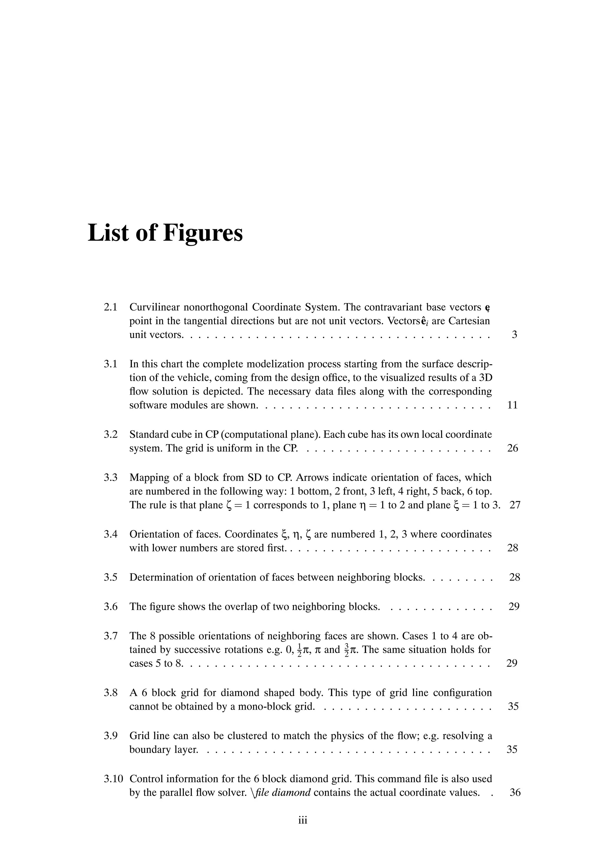 List of Figures

 2.1   Curvilinear nonorthogonal Coordinate System. The contravariant base vectors e         i
                                                                             ˆ
       point in the tangential directions but are not unit vectors. Vectors ei are Cartesian
       unit vectors. . . . . . . . . . . . . . . . . . . . . . . . . . . . . . . . . . . . . .    3

 3.1   In this chart the complete modelization process starting from the surface descrip-
       tion of the vehicle, coming from the design ofÞce, to the visualized results of a 3D
       ßow solution is depicted. The necessary data Þles along with the corresponding
       software modules are shown. . . . . . . . . . . . . . . . . . . . . . . . . . . . .       11

 3.2   Standard cube in CP (computational plane). Each cube has its own local coordinate
       system. The grid is uniform in the CP. . . . . . . . . . . . . . . . . . . . . . . .      26

 3.3   Mapping of a block from SD to CP. Arrows indicate orientation of faces, which
       are numbered in the following way: 1 bottom, 2 front, 3 left, 4 right, 5 back, 6 top.
       The rule is that plane ζ 1 corresponds to 1, plane η 1 to 2 and plane ξ 1 to 3. 27

 3.4   Orientation of faces. Coordinates ξ, η, ζ are numbered 1, 2, 3 where coordinates
       with lower numbers are stored Þrst. . . . . . . . . . . . . . . . . . . . . . . . . .     28

 3.5   Determination of orientation of faces between neighboring blocks. . . . . . . . .         28

 3.6   The Þgure shows the overlap of two neighboring blocks. . . . . . . . . . . . . .          29

 3.7   The 8 possible orientations of neighboring faces are shown. Cases 1 to 4 are ob-
       tained by successive rotations e.g. 0, 1 π, π and 3 π. The same situation holds for
                                               2           2
       cases 5 to 8. . . . . . . . . . . . . . . . . . . . . . . . . . . . . . . . . . . . . .   29

 3.8   A 6 block grid for diamond shaped body. This type of grid line conÞguration
       cannot be obtained by a mono-block grid. . . . . . . . . . . . . . . . . . . . . .        35

 3.9   Grid line can also be clustered to match the physics of the ßow; e.g. resolving a
       boundary layer. . . . . . . . . . . . . . . . . . . . . . . . . . . . . . . . . . . .     35

 3.10 Control information for the 6 block diamond grid. This command Þle is also used
      by the parallel ßow solver. ÒÞle diamond contains the actual coordinate values. .          36

                                               iii
 