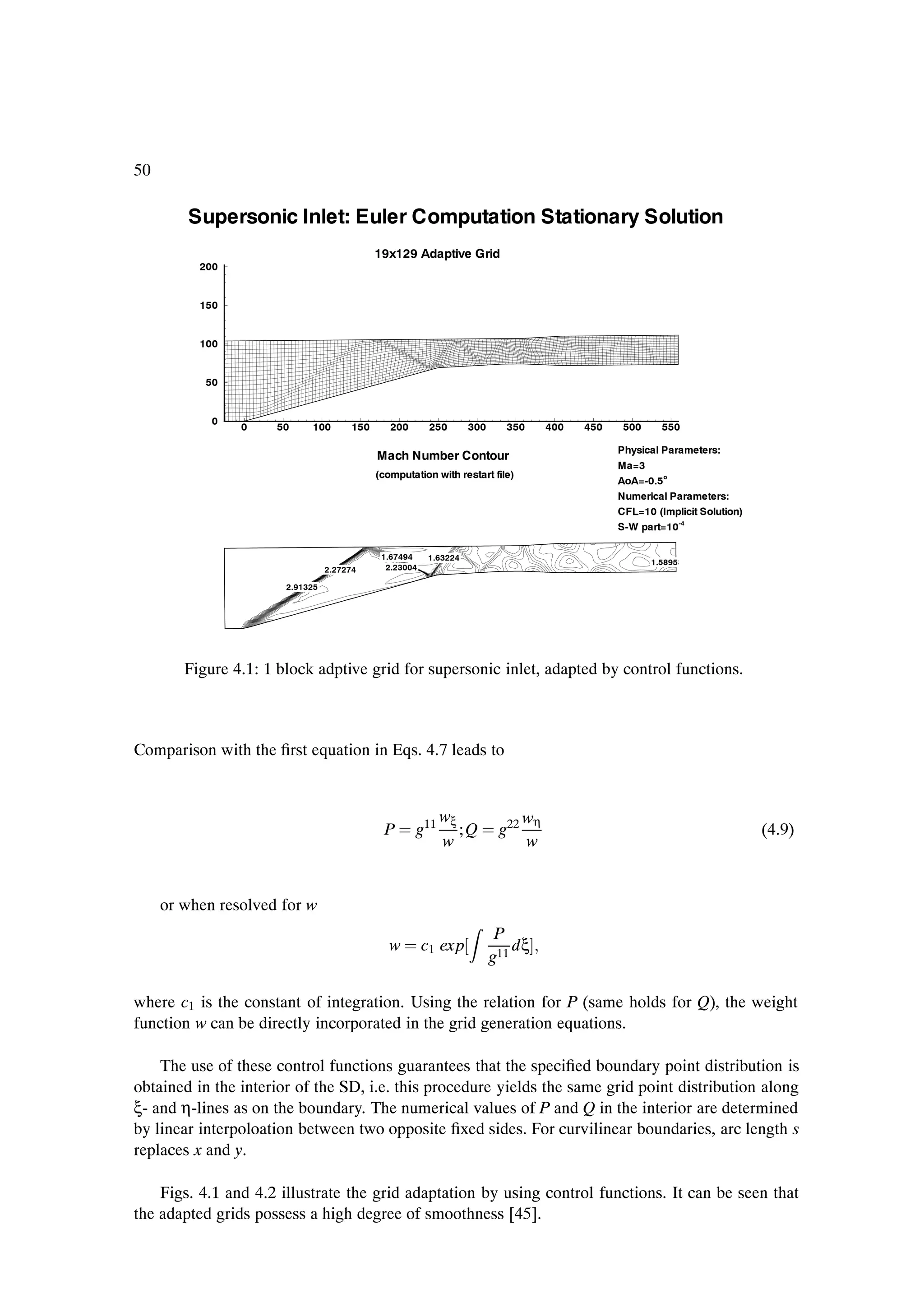 50

        Supersonic Inlet: Euler Computation Stationary Solution
                                             19x129 Adaptive Grid
          200


          150


          100


           50


            0
                0    50     100        150      200       250       300     350       400   450    500     550

                                                                                                  Physical Parameters:
                                             Mach Number Contour
                                                                                                  Ma=3
                                             (computation with restart file)                               o
                                                                                                  AoA=-0.5
                                                                                                  Numerical Parameters:
                                                                                                  CFL=10 (Implicit Solution)
                                                                                                                -4
                                                                                                  S-W part=10

                                              1.67494     1.63224
                                                                                                         1.58953
                                 2.27274       2.23004

                       2.91325




        Figure 4.1: 1 block adptive grid for supersonic inlet, adapted by control functions.



Comparison with the Þrst equation in Eqs. 4.7 leads to


                                                            wξ                   wη
                                               P      g11      ;Q          g22                                                 (4.9)
                                                            w                    w


     or when resolved for w
                                                                           P
                                                w        c1 exp               dξ
                                                                          g11

where c1 is the constant of integration. Using the relation for P (same holds for Q), the weight
function w can be directly incorporated in the grid generation equations.

    The use of these control functions guarantees that the speciÞed boundary point distribution is
obtained in the interior of the SD, i.e. this procedure yields the same grid point distribution along
ξ- and η-lines as on the boundary. The numerical values of P and Q in the interior are determined
by linear interpoloation between two opposite Þxed sides. For curvilinear boundaries, arc length s
replaces x and y.

    Figs. 4.1 and 4.2 illustrate the grid adaptation by using control functions. It can be seen that
the adapted grids possess a high degree of smoothness [45].
 