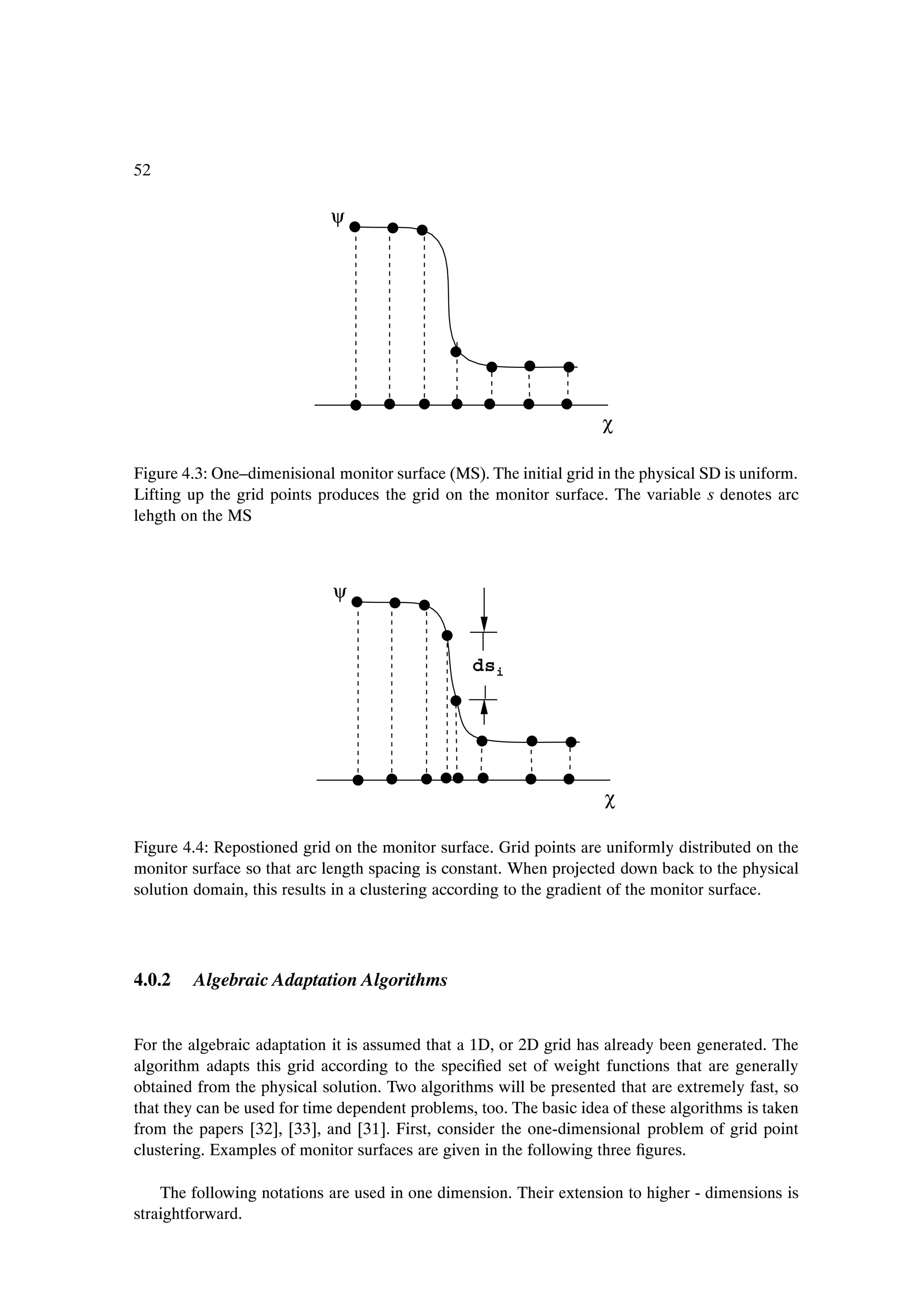 52

                             ψ




                                                                     χ

Figure 4.3: One–dimenisional monitor surface (MS). The initial grid in the physical SD is uniform.
Lifting up the grid points produces the grid on the monitor surface. The variable s denotes arc
lehgth on the MS



                             ψ


                                                  dsi




                                                                      χ

Figure 4.4: Repostioned grid on the monitor surface. Grid points are uniformly distributed on the
monitor surface so that arc length spacing is constant. When projected down back to the physical
solution domain, this results in a clustering according to the gradient of the monitor surface.




4.0.2   Algebraic Adaptation Algorithms


For the algebraic adaptation it is assumed that a 1D, or 2D grid has already been generated. The
algorithm adapts this grid according to the speciÞed set of weight functions that are generally
obtained from the physical solution. Two algorithms will be presented that are extremely fast, so
that they can be used for time dependent problems, too. The basic idea of these algorithms is taken
from the papers [32], [33], and [31]. First, consider the one-dimensional problem of grid point
clustering. Examples of monitor surfaces are given in the following three Þgures.

    The following notations are used in one dimension. Their extension to higher - dimensions is
straightforward.
 