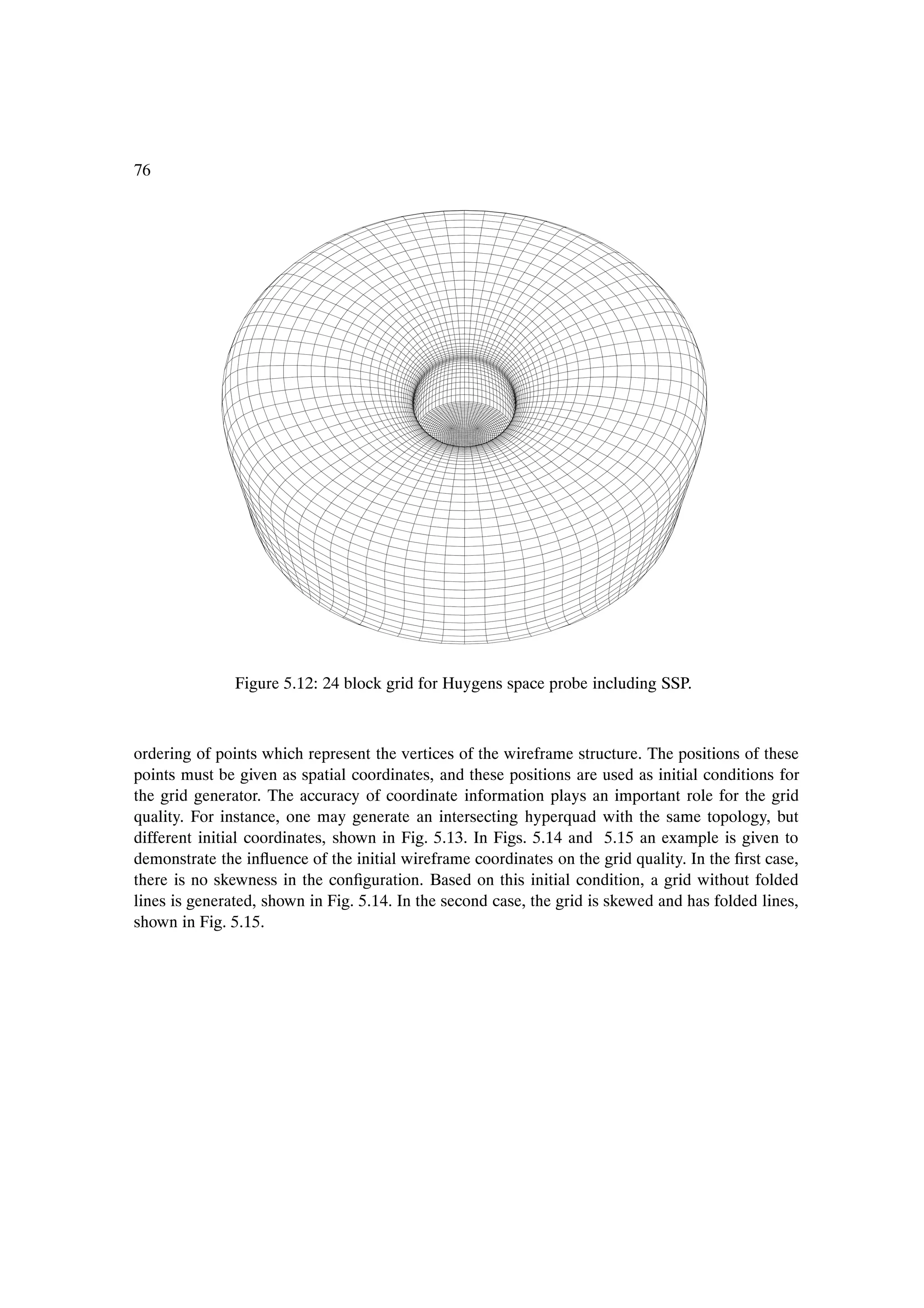 76




               Figure 5.12: 24 block grid for Huygens space probe including SSP.



ordering of points which represent the vertices of the wireframe structure. The positions of these
points must be given as spatial coordinates, and these positions are used as initial conditions for
the grid generator. The accuracy of coordinate information plays an important role for the grid
quality. For instance, one may generate an intersecting hyperquad with the same topology, but
different initial coordinates, shown in Fig. 5.13. In Figs. 5.14 and 5.15 an example is given to
demonstrate the inßuence of the initial wireframe coordinates on the grid quality. In the Þrst case,
there is no skewness in the conÞguration. Based on this initial condition, a grid without folded
lines is generated, shown in Fig. 5.14. In the second case, the grid is skewed and has folded lines,
shown in Fig. 5.15.
 