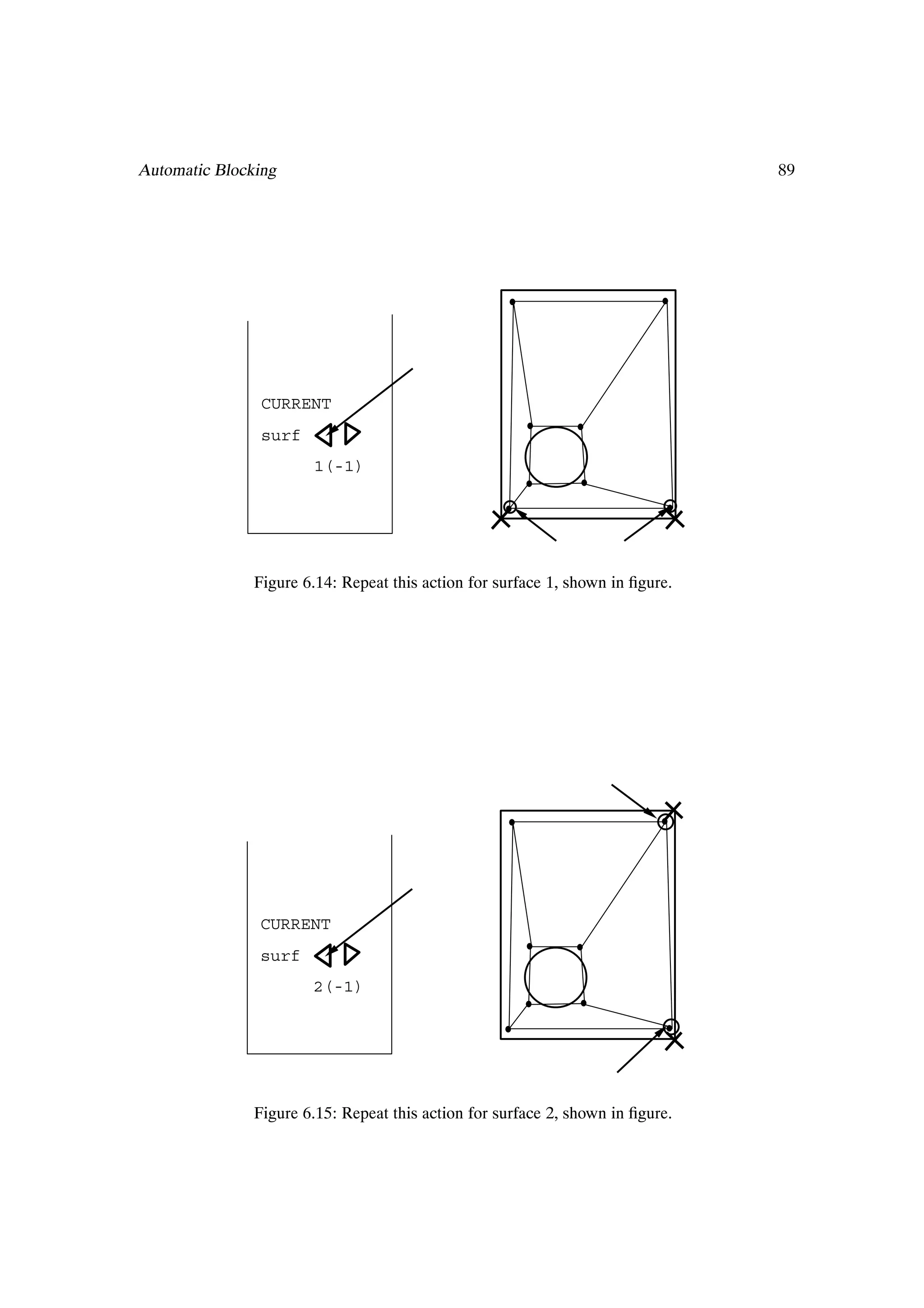 Automatic Blocking                                                              89




                CURRENT
                surf
                       1(-1)




               Figure 6.14: Repeat this action for surface 1, shown in Þgure.




               CURRENT
               surf
                       2(-1)




               Figure 6.15: Repeat this action for surface 2, shown in Þgure.
 
