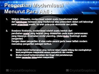 Pengertian Modernisasi
Menurut Para Ahli :
 