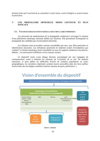 65
premier point qu’il convient de se concentrer à court terme, avant d’intégrer ce nouvel acteur
au processus.
3 - UNE PROPAGANDE OFFICIELLE MOINS COUTEUSE ET PLUS
EFFICACE
3.1. UNE DEMATERIALISATION PARTIELLE DES CIRCULAIRES IMPRIMEES
Les nécessités de modernisation de la propagande conduisent à envisager la création
d’une plateforme numérique nationale dédiée aux élections. Elle permettrait d’enregistrer la
propagande des candidats par circonscription électorale.
Les éléments ainsi accessibles seraient consultables par tous, sans filtre particulier ni
identification nécessaire. Les utilisateurs pourraient en imprimer autant d’exemplaires que
souhaité. Le format numérique serait consultable sur tous les supports modernes (smartphone,
tablette…) et autoriserait la diffusion via les réseaux sociaux.
Ce dispositif serait, avant chaque élection, accompagné par une campagne de
communication visant à informer les électeurs de l’existence de ce site. De manière
transitoire, et pour pallier les difficultés d’accès de certaines populations ou zones
géographiques, les circulaires imprimées seraient encore accessibles dans des lieux publics
neutres dans des enveloppes cachetées (mairies, bureaux de poste, préfectures..).
Source : mission
 