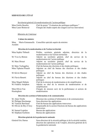 84
SERVICES DE L’ÉTAT
Secrétariat général à la modernisation de l’action publique
Mme Emilie Bourhis Chef de projet " Evaluation des politiques publiques "
Mme Laure Bonneval Chargée des études auprès des usagers (service innovation)
Ministère de l’intérieur
Cabinet du ministre
Mme Marie-Emmanuelle
Assidon
Conseillère spéciale auprès du ministre
Direction de la modernisation et de l’action territoriale
Mme Sophie Thibault Préfète, secrétaire générale adjointe, directrice de la
modernisation et de l'action territoriale
M. Yves Le Breton Adjoint au secrétaire général, chef du service de la
modernisation de l’action publique
M. Marc Drouet Adjoint au secrétaire général, chef du service de la
modernisation de l’action publique
M. Marc Tschiggfrey Chef du bureau des élections et des études politiques
Mme Tiphaine Pinault Adjointe au chef du bureau des élections et des études
politiques
M. Kévin Mazoyer Adjoint au chef du bureau des élections et des études
politiques
M. Flavio Bonetti Adjoint au chef du bureau des élections et des études
politiques
Mme Magali Debatte Chef de la mission de modernisation et de simplification
M. Frédéric Antiphon Adjoint au chef de la mission de modernisation et de
simplification
Mme Olivia Van
Houtteghem
Chargée de mission suivi de la performance et actions de
modernisation
Direction des systèmes d’information et de communication
M. Alain Triolle Directeur des systèmes d’information et de communication
M. Philippe Deschamps Sous-directeur des applications
M. Yannick Barritaud Chef du bureau des applications transverses
M. Olivier de Bry d’Arcy Responsable de la section Elections du bureau des applications
transverses
M. Samuel Leprêtre Bureau des applications
M. Stéphane Guillerm Bureau des applications
Direction générale de la gendarmerie nationale
Général Eric Darras Sous-directeur de la sécurité publique et de la sécurité routière,
direction des opérations et de l’emploi, direction générale de la
la gendarmerie nationale
 