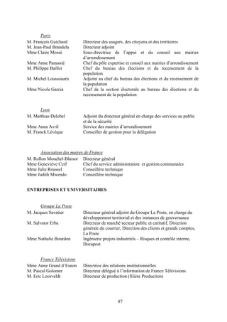 87
Paris
M. François Guichard Directeur des usagers, des citoyens et des territoires
M. Jean-Paul Brandela Directeur adjoint
Mme Claire Mossé Sous-directrice de l’appui et du conseil aux mairies
d’arrondissement
Mme Anne Panassié Chef du pôle expertise et conseil aux mairies d’arrondissement
M. Philippe Baillet Chef du bureau des élections et du recensement de la
population
M. Michel Loussouarn Adjoint au chef du bureau des élections et du recensement de
la population
Mme Nicole Garcia Chef de la section électorale au bureau des élections et du
recensement de la population
Lyon
M. Matthias Delobel Adjoint du directeur général en charge des services au public
et de la sécurité
Mme Anna Avril Service des mairies d’arrondissement
M. Franck Lévèque Conseiller de gestion pour la délégation
Association des maires de France
M. Rollon Mouchel-Blaisot Directeur général
Mme Geneviève Cerf Chef du service administration et gestion communales
Mme Julie Roussel Conseillère technique
Mme Judith Mwendo Conseillère technique
ENTREPRISES ET UNIVERSITAIRES
Groupe La Poste
M. Jacques Savatier Directeur général adjoint du Groupe La Poste, en charge du
développement territorial et des instances de gouvernance
M. Salvator Erba Directeur de marché secteur public et caritatif, Direction
générale du courrier, Direction des clients et grands comptes,
La Poste
Mme Nathalie Bourdon Ingénierie projets industriels – Risques et contrôle interne,
Docapost
France Télévisions
Mme Anne Grand d’Esnon Directrice des relations institutionnelles
M. Pascal Golomer Directeur délégué à l’information de France Télévisions
M. Eric Loosveldt Directeur de production (filière Production)
 