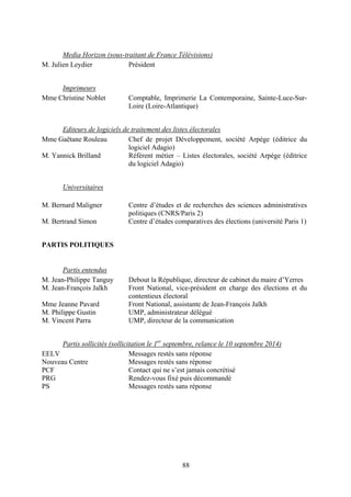 88
Media Horizon (sous-traitant de France Télévisions)
M. Julien Leydier Président
Imprimeurs
Mme Christine Noblet Comptable, Imprimerie La Contemporaine, Sainte-Luce-Sur-
Loire (Loire-Atlantique)
Editeurs de logiciels de traitement des listes électorales
Mme Gaëtane Rouleau Chef de projet Développement, société Arpège (éditrice du
logiciel Adagio)
M. Yannick Brilland Référent métier – Listes électorales, société Arpège (éditrice
du logiciel Adagio)
Universitaires
M. Bernard Maligner Centre d’études et de recherches des sciences administratives
politiques (CNRS/Paris 2)
M. Bertrand Simon Centre d’études comparatives des élections (université Paris 1)
PARTIS POLITIQUES
Partis entendus
M. Jean-Philippe Tanguy Debout la République, directeur de cabinet du maire d’Yerres
M. Jean-François Jalkh Front National, vice-président en charge des élections et du
contentieux électoral
Mme Jeanne Pavard Front National, assistante de Jean-François Jalkh
M. Philippe Gustin UMP, administrateur délégué
M. Vincent Parra UMP, directeur de la communication
Partis sollicités (sollicitation le 1er
septembre, relance le 10 septembre 2014)
EELV
Nouveau Centre
PCF
PRG
PS
Messages restés sans réponse
Messages restés sans réponse
Contact qui ne s’est jamais concrétisé
Rendez-vous fixé puis décommandé
Messages restés sans réponse
 