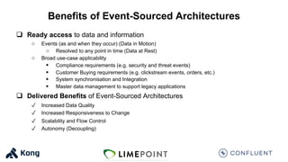 Benefits of Event-Sourced Architectures
q Ready access to data and information
○ Events (as and when they occur) (Data in Motion)
○ Resolved to any point in time (Data at Rest)
○ Broad use-case applicability
§ Compliance requirements (e.g. security and threat events)
§ Customer Buying requirements (e.g. clickstream events, orders, etc.)
§ System synchronisation and Integration
§ Master data management to support legacy applications
q Delivered Benefits of Event-Sourced Architectures
✓ Increased Data Quality
✓ Increased Responsiveness to Change
✓ Scalability and Flow Control
✓ Autonomy (Decoupling)
 