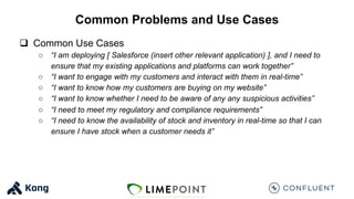 Common Problems and Use Cases
q Common Use Cases
○ “I am deploying [ Salesforce (insert other relevant application) ], and I need to
ensure that my existing applications and platforms can work together”
○ “I want to engage with my customers and interact with them in real-time”
○ “I want to know how my customers are buying on my website”
○ “I want to know whether I need to be aware of any any suspicious activities”
○ “I need to meet my regulatory and compliance requirements”
○ “I need to know the availability of stock and inventory in real-time so that I can
ensure I have stock when a customer needs it”
 