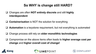 So WHY is change still HARD?
q Changes are often NOT entirely discrete and still highly
interdependent
q Containerisation is NOT the solution for everything
q Automation is a keystone requirement, but not everything is automated
q Change process still rely on older monolithic technologies
q Compromise on the above items often leads to higher average cost per
change and higher overall cost of change!
 