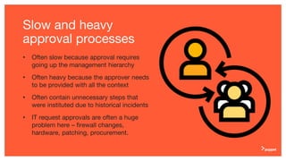 Slow and heavy
approval processes
• Often slow because approval requires
going up the management hierarchy
• Often heavy because the approver needs
to be provided with all the context
• Often contain unnecessary steps that
were instituted due to historical incidents
• IT request approvals are often a huge
problem here – firewall changes,
hardware, patching, procurement.
 