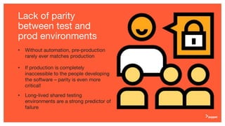 Lack of parity
between test and
prod environments
• Without automation, pre-production
rarely ever matches production
• If production is completely
inaccessible to the people developing
the software – parity is even more
critical!
• Long-lived shared testing
environments are a strong predictor of
failure
 