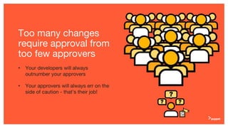 Too many changes
require approval from
too few approvers
• Your developers will always
outnumber your approvers
• Your approvers will always err on the
side of caution - that’s their job!
 