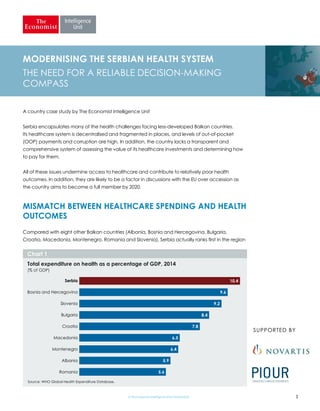 SUPPORTED BY
MODERNISING THE SERBIAN HEALTH SYSTEM
THE NEED FOR A RELIABLE DECISION-MAKING
COMPASS
A country case study by The Economist Intelligence Unit
Serbia encapsulates many of the health challenges facing less-developed Balkan countries.
Its healthcare system is decentralised and fragmented in places, and levels of out-of-pocket
(OOP) payments and corruption are high. In addition, the country lacks a transparent and
comprehensive system of assessing the value of its healthcare investments and determining how
to pay for them.
All of these issues undermine access to healthcare and contribute to relatively poor health
outcomes. In addition, they are likely to be a factor in discussions with the EU over accession as
the country aims to become a full member by 2020.
MISMATCH BETWEEN HEALTHCARE SPENDING AND HEALTH
OUTCOMES
Compared with eight other Balkan countries (Albania, Bosnia and Hercegovina, Bulgaria,
Croatia, Macedonia, Montenegro, Romania and Slovenia), Serbia actually ranks first in the region
© The Economist Intelligence Unit Limited 2016 1
Total expenditure on health as a percentage of GDP, 2014
(% of GDP)
Serbia
Bosnia and Hercegovina
Slovenia
Bulgaria
Croatia
Macedonia
Montenegro
Albania
Romania
Source: WHO Global Health Expenditure Database.
Chart 1
10.4
9.6
9.2
8.4
7.8
6.5
6.4
5.9
5.6
 