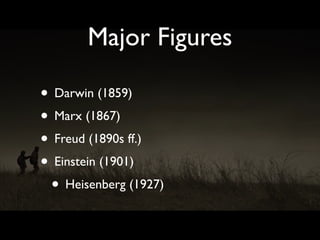 Major Figures
• Darwin (1859)
• Marx (1867)
• Freud (1890s ff.)
• Einstein (1901)
• Heisenberg (1927)