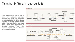 Timeline-Different sub periods
There is no clear-cut year or time of
when the Modernism movement
evolution took place. With the growth
of industrialization in 19th century,
Victorian style and furniture slowly
faded. Heavy machineries were made
which made mass production of
furnitures possible. From 1900s
onwards, modern arts and furniture
styles started emerging.
 
