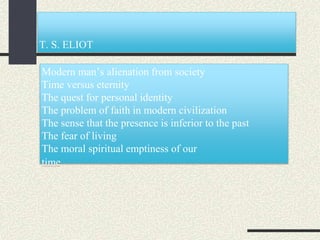 T. S. ELIOT
Modern man’s alienation from society
Time versus eternity
The quest for personal identity
The problem of faith in modern civilization
The sense that the presence is inferior to the past
The fear of living
The moral spiritual emptiness of our
time
 
