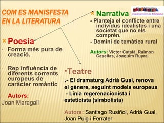 Poesia  -  Forma més pura de creació.  Rep influència de diferents corrents europeus de caràcter romàntic Autors:   Joan Maragall Narrativa - Planteja el conflicte entre individus idealistes i una societat que no els comprèn . - Domini de temàtica rural  Autors:  Víctor Català, Raimon Casellas, Joaquim Ruyra. Teatre .-  El dramaturg Adrià Gual, renova el gènere, seguint models europeus - Línia regerenacionista i esteticista (simbolista) Autors:  Santiago Rusiñol, Adrià Gual, Joan Puig i Ferrater 