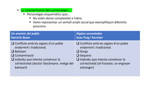  La caracterització dels personatges…
 Personatges esquemàtics que…
 No volen donar complexitat a l’obra.
 Volen representar un ventall ampli social que exemplifiquin diferents
posicions.
Un enemic del poble
Henrick Ibsen
Aigües encantades
Joan Puig i Ferreter
 Conflicte amb les aigües d’un poble
endarrerit i tradicional.
 Balneari
 Contaminació
 Individu que intenta convèncer la
col·lectivitat (doctor Stockmann, metge del
balneari)
 Conflicte amb les aigües d’un poble
endarrerit i tradicional.
 Gorgs
 Sequera
 Individu que intenta convèncer la
col·lectivitat (el Foraster, un enginyer
estranger)
 