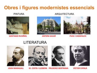 Obres i figures modernistes essencials
      PINTURA                               ARQUITECTURA




  SANTIAGO RUSIÑOL               ANTONI GAUDÍ               PUIG I CADAFALCH


              LITERATURA




 JOAN MARAGALL       M. COSTA I LLOBERA PRUDENCI BERTRANA      VÍCTOR CATALÀ
 