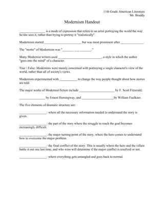 11th Grade American Literature
                                                                                   Mr. Braddy

                                   Modernism Handout

________________ is a mode of expression that refers to an artist portraying the world the way
he/she sees it, rather than trying to portray it "realistically".

Modernism started _______________________ but was most prominent after ______________.

The "motto" of Modernism was "_______ ___ _______."

Many Modernist writers used ___________________________, a style in which the author
"goes into the mind" of a character.

True / False: Modernists were mainly concerned with portraying a single character's view of the
world, rather than all of society's views.

Modernists experimented with ___________ to change the way people thought about how stories
are told.

The major works of Modernist fiction include ______________________ by F. Scott Fitzerald,

________________ by Ernest Hemingway, and ____________________by William Faulkner.

The five elements of dramatic structure are:

_________________: where all the necessary information needed to understand the story is
given.

_________________: the part of the story where the struggle to reach the goal becomes
increasingly difficult.

_________________: the major turning point of the story, where the hero comes to understand
how to overcome the major problem.

_________________: the final conflict of the story. This is usually where the hero and the villain
battle it out one last time, and who wins will determine if the major conflict is resolved or not.

_________________: where everything gets untangled and goes back to normal.
 
