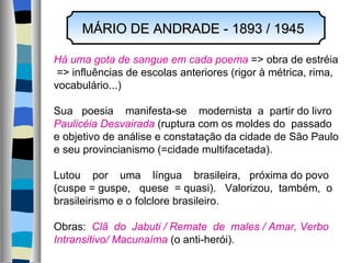MÁRIO DE ANDRADE - 1893 / 1945 Há uma gota de sangue em cada poema  => obra de estréia => influências de escolas anteriores (rigor à métrica, rima,  vocabulário...) Sua  poesia  manifesta-se  modernista  a  partir do livro Paulicéia Desvairada  (ruptura com os moldes do  passado  e objetivo de análise e constatação da cidade de São Paulo e seu provincianismo (=cidade multifacetada). Lutou  por  uma  língua  brasileira,  próxima do povo (cuspe = guspe,  quese  = quasi).  Valorizou,  também,  o brasileirismo e o folclore brasileiro. Obras:  Clã  do  Jabuti / Remate  de  males / Amar, Verbo Intransitivo/ Macunaíma  (o anti-herói). 