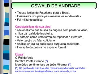 OSWALD DE ANDRADE  Trouxe idéias do Futurismo para o Brasil. Idealizador dos principais manifestos modernistas. Foi militante político. Características de sua obra : nacionalismo que busca as origens sem perder a visão crítica da realidade brasileira. A paródia como uma forma de repensar a literatura. Valorização do falar cotidiano Análise crítica da sociedade burguesa capitalista. Inovação da poesia no aspecto formal. Obras : O Rei da Vela Serafim Ponte Grande  (*) Memórias sentimentais de João Miramar  (*) (*)  Há quebra de estrutura dos romances tradicionais: capítulos  curtíssimos e semi-independentes, num misto de prosa. 