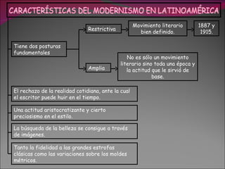 Movimiento literario       1887 y
                               Restrictiva
                                                      bien definido.            1915.

Tiene dos posturas
fundamentales
                                                No es sólo un movimiento
                                             literario sino toda una época y
                               Amplia           la actitud que le sirvió de
                                                           base.

El rechazo de la realidad cotidiana, ante la cual
el escritor puede huir en el tiempo.

Una actitud aristocratizante y cierto
preciosismo en el estilo.

La búsqueda de la belleza se consigue a través
de imágenes.

Tanto la fidelidad a las grandes estrofas
clásicas como las variaciones sobre los moldes
métricos.
 