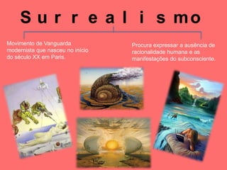 S u r r e a l i s mo
Movimento de Vanguarda            Procura expressar a ausência de
modernista que nasceu no início   racionalidade humana e as
do século XX em Paris.            manifestações do subconsciente.
 