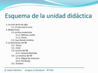 Esquema de la unidad didáctica
 1.-La crisis de fin de siglo
        1.1.-El arte ante la crisis
 2.-Modernismo
        2....