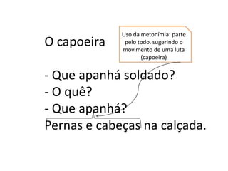 Uso da metonímia: parte
O capoeira    pelo todo, sugerindo o
             movimento de uma luta
                    (capoeira)


- Que apanhá soldado?
- O quê?
- Que apanhá?
Pernas e cabeças na calçada.
 