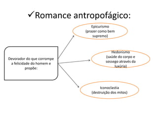 Romance antropofágico:
                                Epicurismo
                            (prazer como bem
                                 supremo)



                                          Hedonismo
                                       (saúde do corpo e
Devorador do que corrompe
                                       sossego através da
 a felicidade do homem e
                                            luxúria)
           propõe:



                                    Iconoclastia
                               (destruição dos mitos)
 