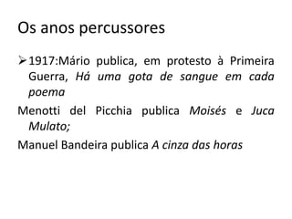 Os anos percussores
1917:Mário publica, em protesto à Primeira
 Guerra, Há uma gota de sangue em cada
 poema
Menotti del Picchia publica Moisés e Juca
 Mulato;
Manuel Bandeira publica A cinza das horas
 