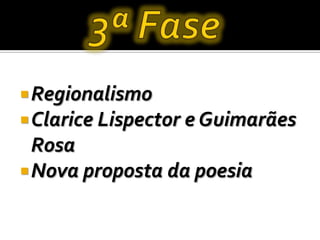 Regionalismo
Clarice Lispector e Guimarães
Rosa
Nova proposta da poesia
 