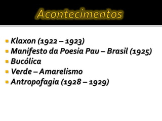  Klaxon (1922 – 1923)
 Manifesto da Poesia Pau – Brasil (1925)
 Bucólica
 Verde – Amarelismo
 Antropofagia (1928 – 1929)
 