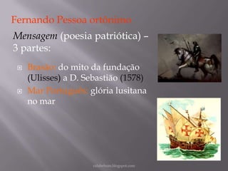 Fernando Pessoa ortônimo
Mensagem (poesia patriótica) –
3 partes:




Brasão: do mito da fundação
(Ulisses) a D. Sebastião (1578)
Mar Português: glória lusitana
no mar

rafabebum.blogspot.com

 