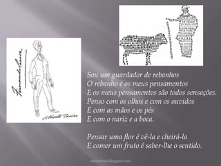 Sou um guardador de rebanhos
O rebanho é os meus pensamentos
E os meus pensamentos são todos sensações.
Penso com os olhos e com os ouvidos
E com as mãos e os pés
E com o nariz e a boca.
Pensar uma flor é vê-la e cheirá-la
E comer um fruto é saber-lhe o sentido.
rafabebum.blogspot.com

 