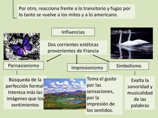 Por otro, reacciona frente a lo transitorio y fugaz por
lo tanto se vuelve a los mitos y a lo americano.
Influencias
Dos corrientes estéticas
provenientes de Francia
Parnasianismo Simbolismo
Búsqueda de la
perfección formal.
Interesa más las
imágenes que los
sentimientos
Exalta la
sonoridad y
musicalidad
de las
palabras
Impresionismo
Toma el gusto
por las
sensaciones,
por la
impresión de
los sentidos.
 