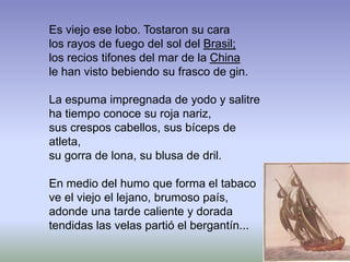 Es viejo ese lobo. Tostaron su cara
los rayos de fuego del sol del Brasil;
los recios tifones del mar de la China
le han visto bebiendo su frasco de gin.
La espuma impregnada de yodo y salitre
ha tiempo conoce su roja nariz,
sus crespos cabellos, sus bíceps de
atleta,
su gorra de lona, su blusa de dril.
En medio del humo que forma el tabaco
ve el viejo el lejano, brumoso país,
adonde una tarde caliente y dorada
tendidas las velas partió el bergantín...
 