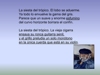 La siesta del trópico. El lobo se aduerme.
Ya todo lo envuelve la gama del gris.
Parece que un suave y enorme esfumino
del curvo horizonte borrara el confín.
La siesta del trópico. La vieja cigarra
ensaya su ronca guitarra senil,
y el grillo preludia un solo monótono
en la única cuerda que está en su violín.
 