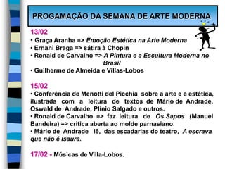 PROGAMAÇÃO DA SEMANA DE ARTE MODERNA
13/02
• Graça Aranha => Emoção Estética na Arte Moderna
• Ernani Braga => sátira à Chopin
• Ronald de Carvalho => A Pintura e a Escultura Moderna no
Brasil
• Guilherme de Almeida e Villas-Lobos
15/02
• Conferência de Menotti del Picchia sobre a arte e a estética,
ilustrada com a leitura de textos de Mário de Andrade,
Oswald de Andrade, Plínio Salgado e outros.
• Ronald de Carvalho => faz leitura de Os Sapos (Manuel
Bandeira) => crítica aberta ao molde parnasiano.
• Mário de Andrade lê, das escadarias do teatro, A escrava
que não é Isaura.
17/02 - Músicas de Villa-Lobos.
 