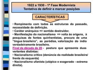 1922 a 1930 - 1ª Fase Modernista
Tentativa de definir e marcar posições
CARACTERÍSTICAS
• Rompimento com todas as estruturas do passado,
necessidade de definição.
• Caráter anárquico => sentido destruidor.
• Manifestação do nacionalismo => volta às origens, à
pesquisas de fontes quinhentistas, procura de uma
“língua brasileira”, as paródias, valorização do índio
verdadeiramente brasileiro.
Final da década de 20 - postura que apresenta duas
vertentes distintas:
• Nacionalismo crítico (denúncia da realidade brasileira/
frente da esquerda)
• Nacionalismo ufanista (utópico e exagerado - extrema
direita).
 