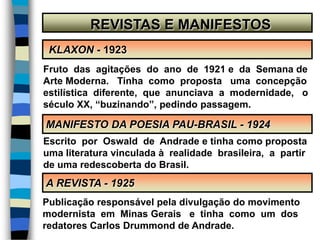 REVISTAS E MANIFESTOS
KLAXON - 1923
A REVISTA - 1925
MANIFESTO DA POESIA PAU-BRASIL - 1924
Fruto das agitações do ano de 1921 e da Semana de
Arte Moderna. Tinha como proposta uma concepção
estilística diferente, que anunciava a modernidade, o
século XX, “buzinando”, pedindo passagem.
Escrito por Oswald de Andrade e tinha como proposta
uma literatura vinculada à realidade brasileira, a partir
de uma redescoberta do Brasil.
Publicação responsável pela divulgação do movimento
modernista em Minas Gerais e tinha como um dos
redatores Carlos Drummond de Andrade.
 