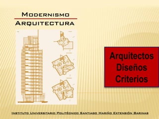 Instituto Universitario Politécnico Santiago Mariño Extensión Barinas
Arquitectos
Diseños
Criterios
Modernismo
Arquitectura
 