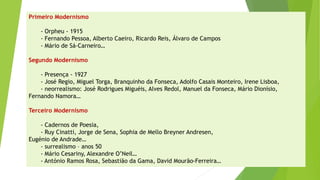 Primeiro Modernismo 
-Orpheu -1915 
-Fernando Pessoa, Alberto Caeiro, Ricardo Reis, Álvaro de Campos 
-Mário de Sá-Carneiro… 
Segundo Modernismo 
-Presença -1927 
-José Regio, Miguel Torga, Branquinho da Fonseca, Adolfo Casais Monteiro, Irene Lisboa, 
-neorrealismo: José Rodrigues Miguéis, Alves Redol, Manuel da Fonseca, Mário Dionísio, Fernando Namora… 
Terceiro Modernismo 
-Cadernos de Poesia, 
-Ruy Cinatti, Jorge de Sena, Sophia de Mello Breyner Andresen, 
Eugénio de Andrade… 
-surrealismo –anos 50 
-Mário Cesariny, Alexandre O’Neil… 
-António Ramos Rosa, Sebastião da Gama, David Mourão-Ferreira…  