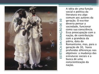 ESTÉTICADAGERAÇÃODE30
A idéia de uma função
social e política da
literatura era algo
comum aos autores da
geração. O escritor
deveria pensar a
sociedade, funcionar
como sua consciência.
Essa preocupação com a
nação, de contribuição
com a grandeza da
pátria, data do
Romantismo, mas, para a
geração de 30, havia
profundas diferenças nos
objetivos: a mudança das
estruturas sociais e a
busca de uma
conscientização da
nação.
 