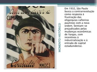 MOMENTOHISTÓRICO
Em 1932, São Paulo
busca a contrarrevolução
como resposta à
frustração das
oligarquias cafeeiras
paulistas com a nova
ordem. Sentiam-se
prejudicados pelas
mudanças econômicas
de Vargas, com
incentivos à
industrialização e à
entrada de capital
estadunidense.
 
