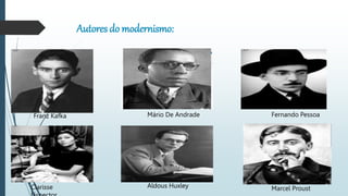 Autores do modernismo:
Franz Kafka Fernando Pessoa
Mário De Andrade
Clarisse Aldous Huxley Marcel Proust